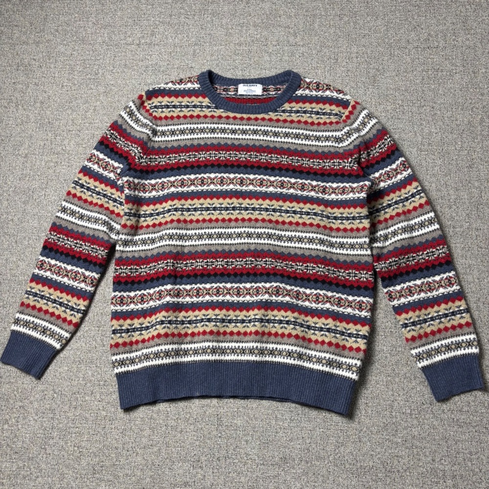 Old Navy Sweater Mens M Tall SoSoft Fair Isle Blue Multi Geometric Pattern